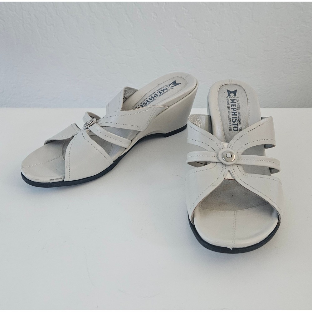 Mephisto Wedge Sandals Women's 38 (US 8) Greyish White Leather Air Relax France